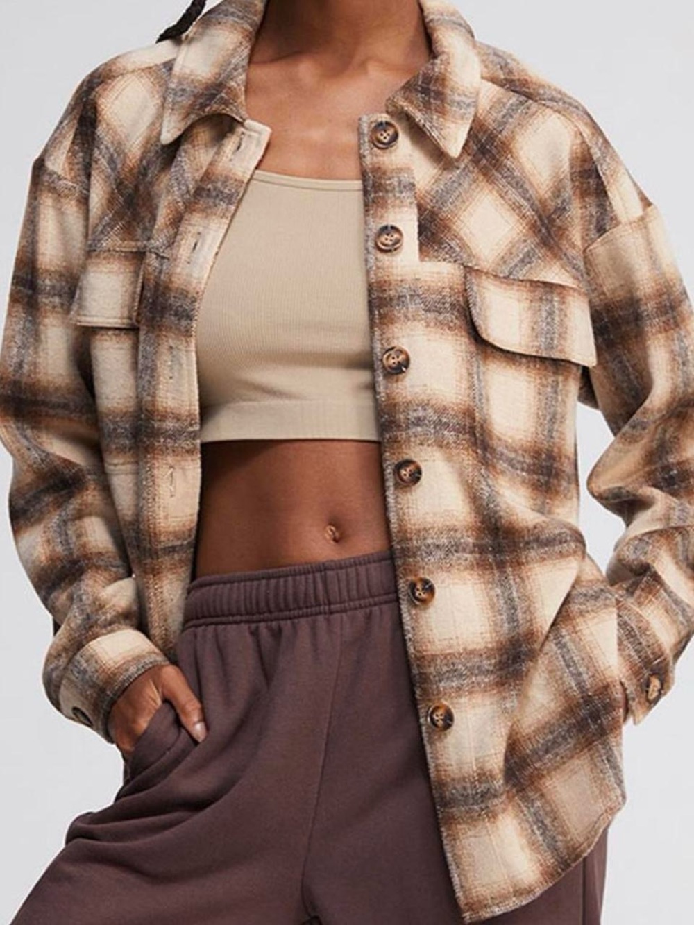 La Hearts Plaid Shacket in Cream and Brown Tones